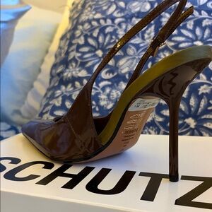SCHUTZ Chocolate Patent Leather Slingback Heels (Leona Patent Pump)